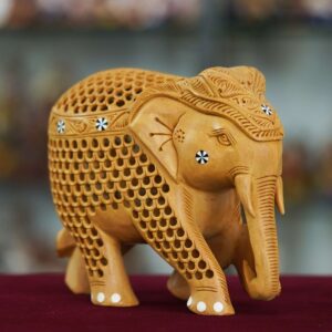 HastamAura Wood Carving Undercut Jali Work Elephant Unique Decorative Showpiece Figurine