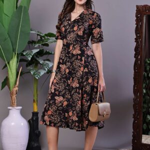Women's Chic Black & Rust Floral Print Button Front Midi Dress