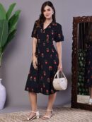 Women’s Elegant Black Floral Print Button Front Midi Dress