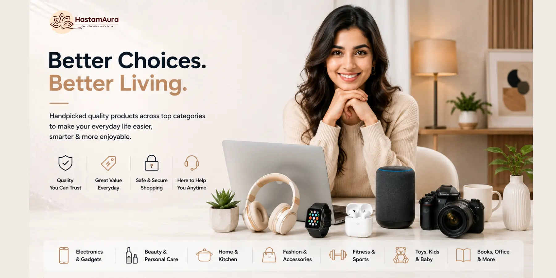 HastamAura Electronics & Gadgets modern tech products including smartphones, laptop, headphones, earbuds and smart devices India