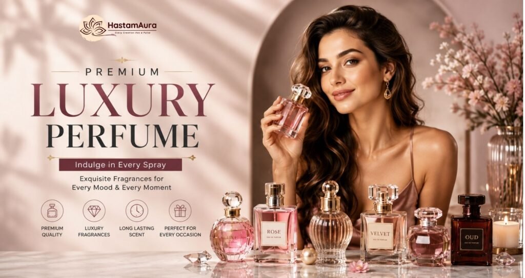 HastamAura Premium luxury perfume unisex collection with elegant woman and fragrances India