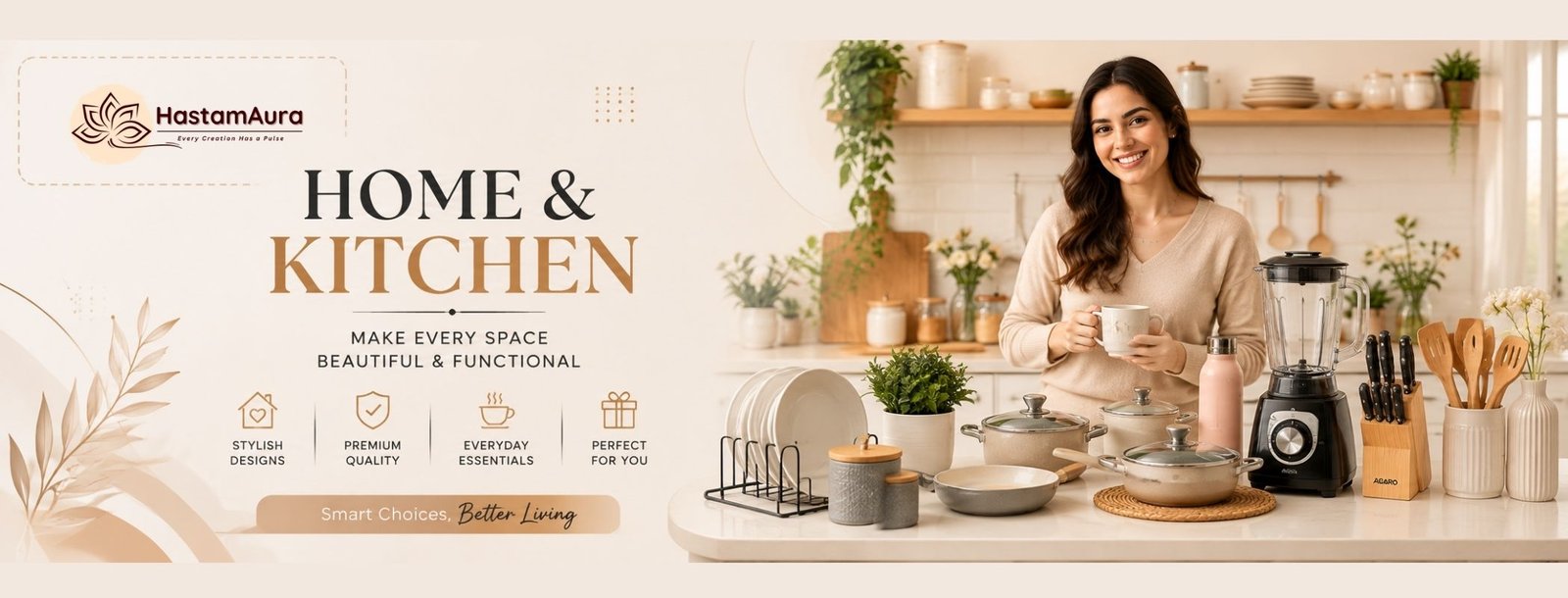 Home and kitchen essentials featuring cookware, blender, utensils, dinnerware and stylish kitchen products with a smiling woman